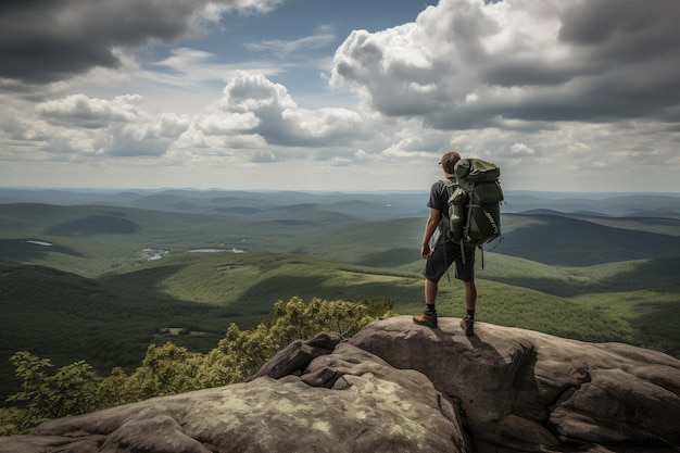 Wanderer genießt die Aussicht vom Gipfel mit sichtbarem Rucksack