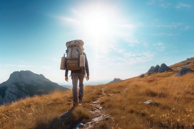 Wanderer in den Bergen bei Sonnenuntergang mit Rucksack Outdoor-Urlaub allein in der Wildnis Generative KI