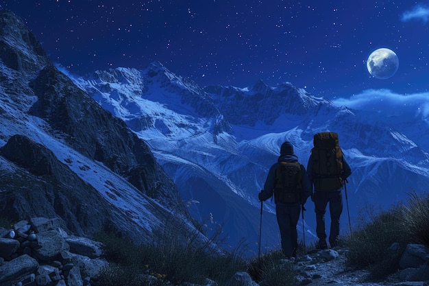 Wanderer in den Bergen in der Nacht
