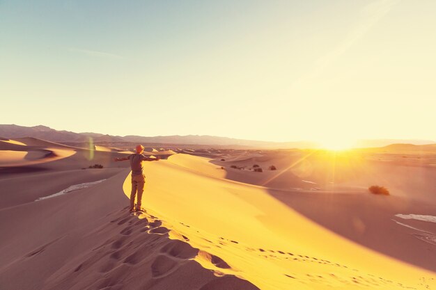 Wanderer in der Sandwüste. Sonnenaufgangszeit.