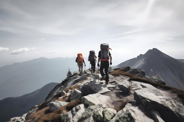 Wanderer klettern auf den Berg. Hilfe, Risiko und Unterstützungskonzept. Ein durch ein neuronales Netzwerk generiertes Bild