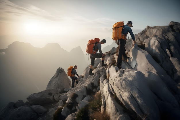 Wanderer klettern auf den Berg. Hilfe, Risiko und Unterstützungskonzept. Ein durch ein neuronales Netzwerk generiertes Bild