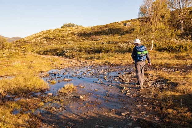 Wanderer mit Rucksack in den Bergen Dovrefjell unterwegs