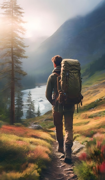 Foto wanderer mit rucksack und trekkingstangen stehen auf einem pfad in den bergen