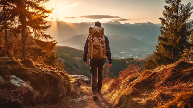 Wanderer mit Rucksack wandert auf dem Gipfel eines Berges. Generative KI