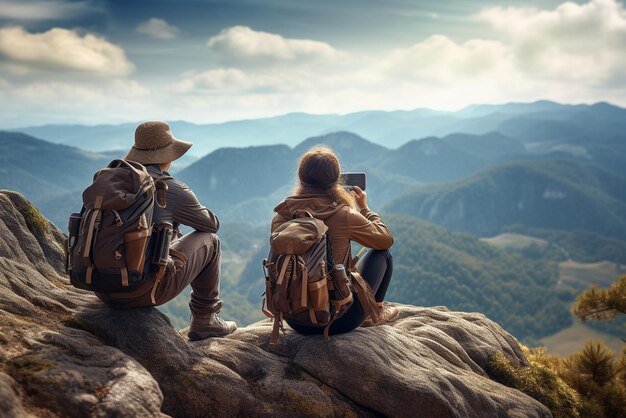 Foto wanderer mit rucksäcken mit ferngläsern sitzen auf dem gipfel des felsbergs