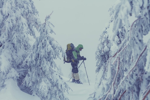 Wanderer mit Schneeschuhen im Winter