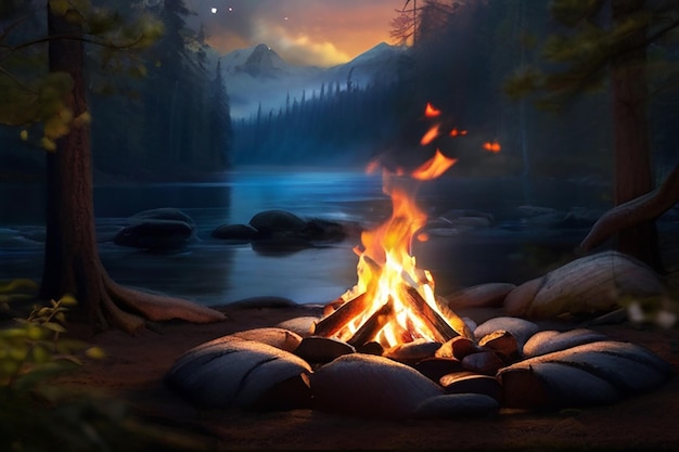 Wanderer sitzen bei einem Lagerfeuer, wandern, campen. Menschen verbringen die Nacht im Sommerlager in der Gesellschaft von Freunden im Wald.