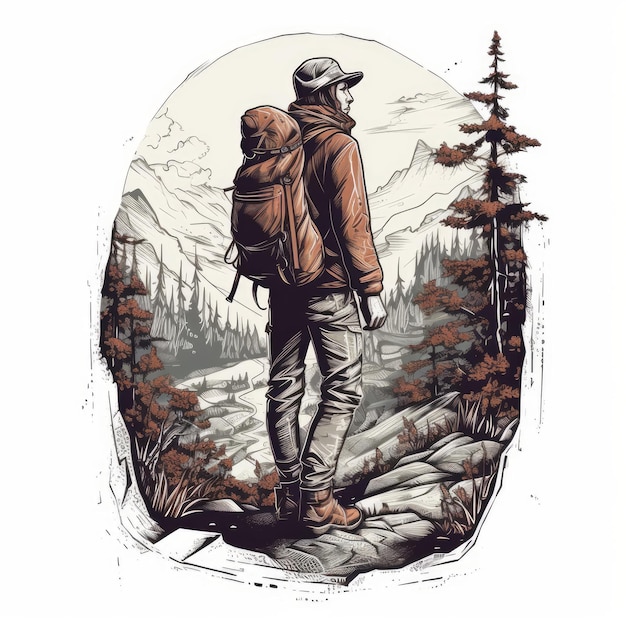 Wanderer-Vektorillustration für T-Shirt, gezeichnet in Adobe Illustrator