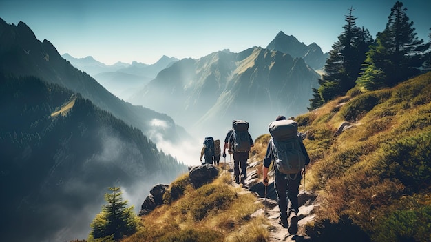 Wanderer wandern auf einem Wanderweg in den Bergen