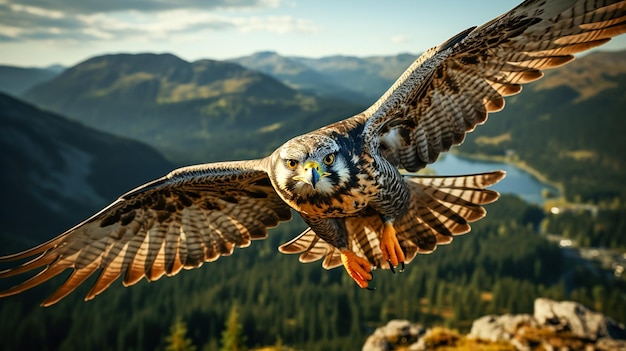 Wanderfalke fliegt am Himmel und sieht als Opfer aus. Fotorealistische 4K-Auflösung, KI generiert