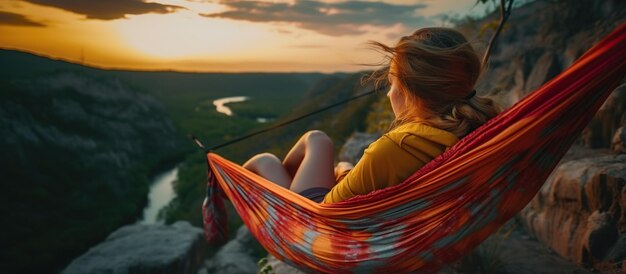 Wanderin ruht sich nach dem Klettern in einer Hängematte bei Sonnenuntergang aus