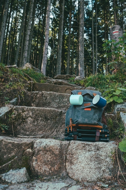 Wanderkonzept Rucksack an steinernen Treppen im Wald keine Menschen