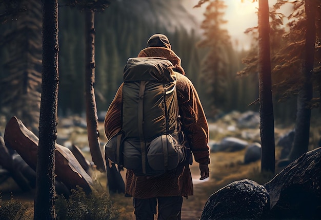 Foto wandermann mit rucksack und zelt in den bergen generative ki