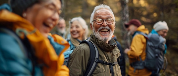 Wandern im Wald Wandern mit älteren Freunden Bindung diskutieren und lachen über komische Witze Glück Spaß und Gruppe von älteren Menschen gehen zusammen wandern für Bewegung Wellness und