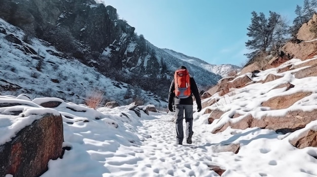 Wandern in den Bergen im Winter Ein Besucher steigt einen steilen Anstieg hinauf und hinterlässt Fußspuren im Schnee. Generative KI