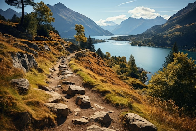 Wandern Sie durch die Berge mit einem Weg, der zu einem atemberaubenden Blick auf den See führt