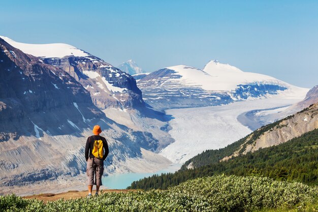 Wandernder Mann in den kanadischen Bergen. Wandern ist die beliebteste Freizeitaktivität in Nordamerika. Es gibt viele malerische Wanderwege.