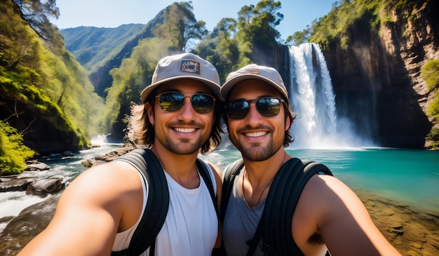 Wanderpaar macht ein Selfie mit einem Wasserfall im Hintergrund
