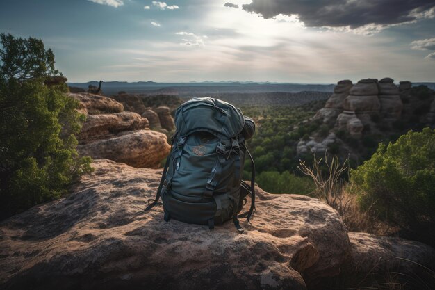 Foto wanderrucksack auf felsformation mit blick auf die umliegende landschaft