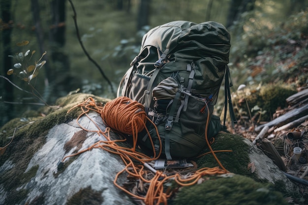 Wanderrucksack mit Kletterausrüstung und Seilen auf dem Weg