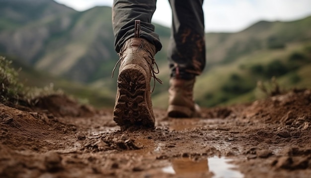 Wanderschuh auf Feldweg-Naturabenteuer, generiert von KI