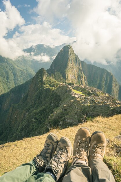 Wanderschuhe bei Machu Picchu, Peru, getontes Bild