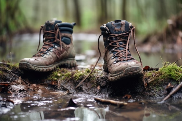 Wanderstiefel, die nach Regen mit generativer KI in frischem Schlamm sinken