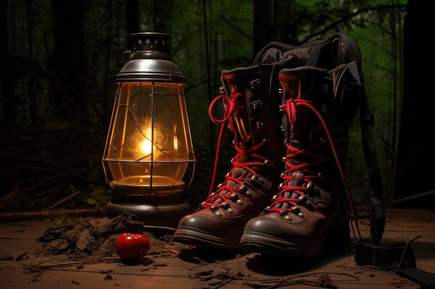 Wanderstiefel und eine Camping-Lampe