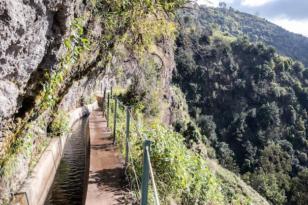 Wanderweg Levada Nova und Levada do Moinho auf Madeira mit grüner Natur, Wasserfällen und Tunneln