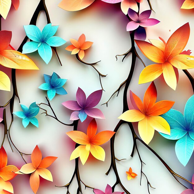 Wandhängende Äste mit nahtlosem Muster, Blätter fallen mit leuchtend farbigen Blumen, Illustrationshintergrund, 3D-Abstraktionstapete für Innenwand-Wandkunst-Dekor