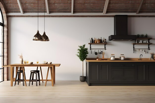 Foto wandmodell in der loftküche im industriellen stil 3d-rendering