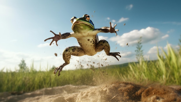 Wandpapierbild von Froschtieren, die auf dem Feld springen Generative KI