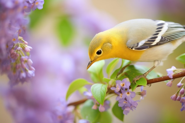 Warbler com pólen no bico em flores de lila