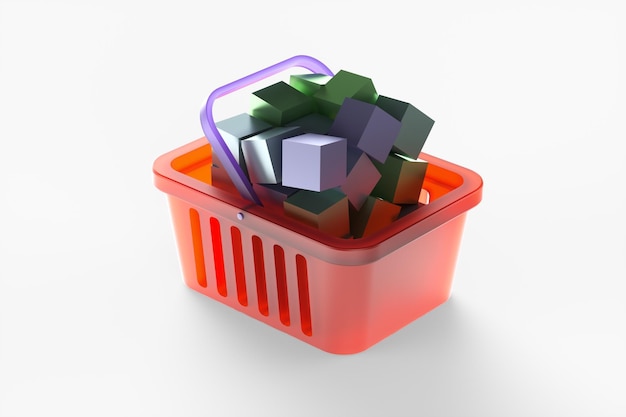 Warenkorb mit Kisten im Inneren auf einem weißen Hintergrund 3D-Darstellung