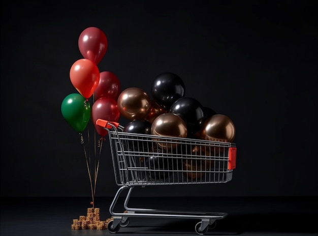Warenkorb mit Luftballons und goldenen Münzen auf schwarzem Hintergrund Black Friday-Konzept