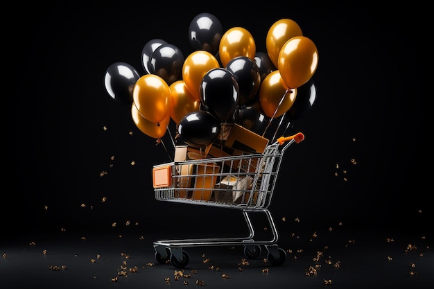 Warenkorb mit schwarzen und goldenen Luftballons auf dunklem Hintergrund, schwarzer Freitag