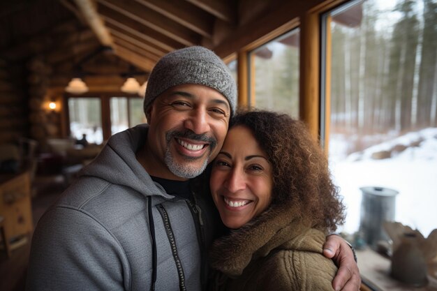 Warm gekleidetes gemischtes Paar genießt einen Wintertag außerhalb einer gemütlichen Blockhütte