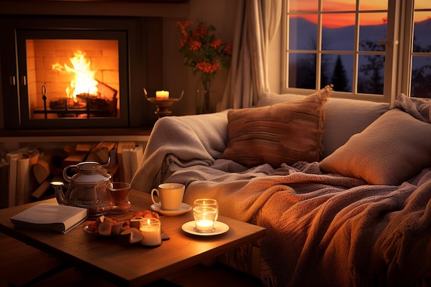 Warm Hearth Haven Gemütliches Wohnzimmer mit Kamin