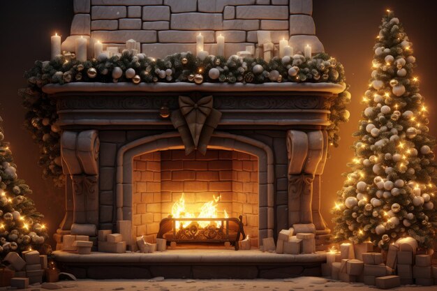 Warme Darstellung eines Kamin, der mit Weihnachtsdekorationen geschmückt ist