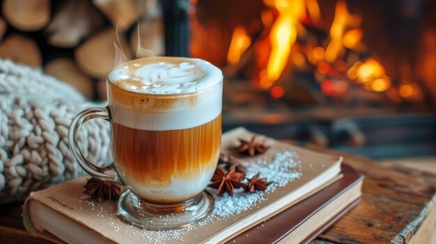 Warme, gemütliche Atmosphäre mit einem heißen Latte-Kaffee am knackenden Kamin und rustikaler Holzdekoration