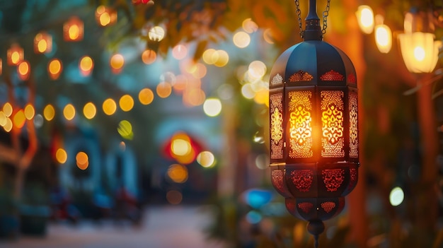 Warme Ramadan-Lampe auf verschwommenem Hintergrund