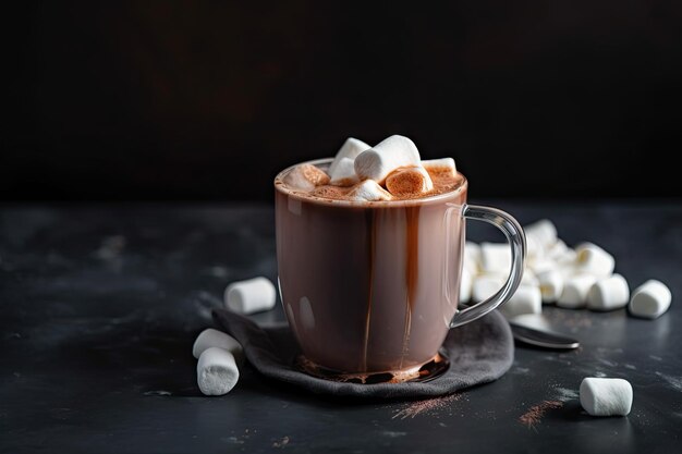 Warme Tasse heiße Schokolade mit auf der Oberfläche schwimmenden Marshmallows