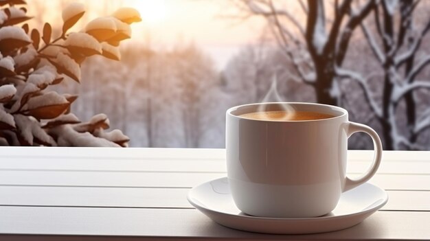 warme Tasse Kaffee sitzt auf dem Fensterbrett