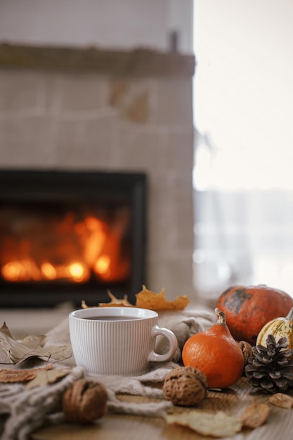 Warme Tasse Tee, Kürbisse, Herbstblätter, gemütlicher Schal auf rustikalem Holztisch vor dem Hintergrund eines brennenden Kamins, Hygge-Herbsthaus, ländliches Banner, Herbststillleben, Happy Thanksgiving