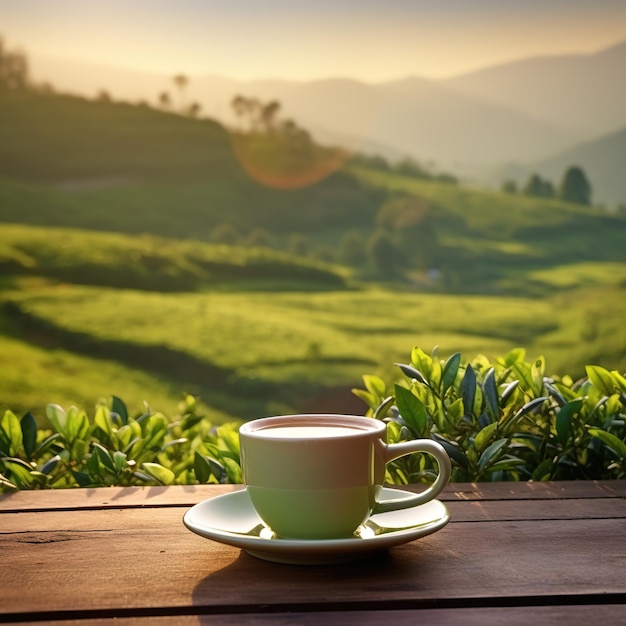 Warme Tasse Tee und organischer grüner Tee auf einem Holztisch