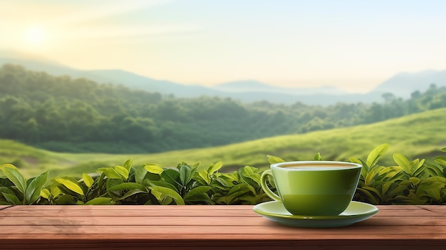 Warme Tasse Tee und organischer grüner Tee auf einem Holztisch