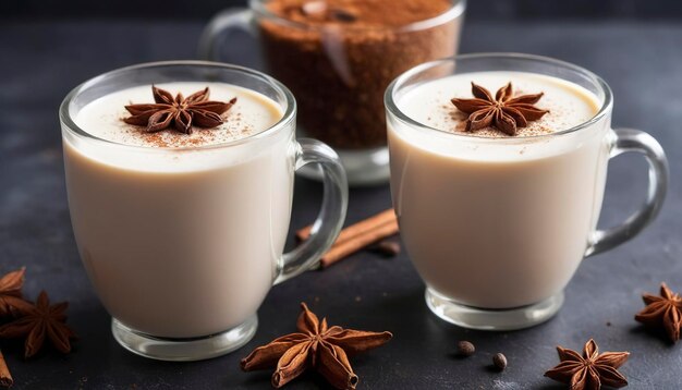 Warmer Chai mit Milch und Wintergewürzen in Glasbechern