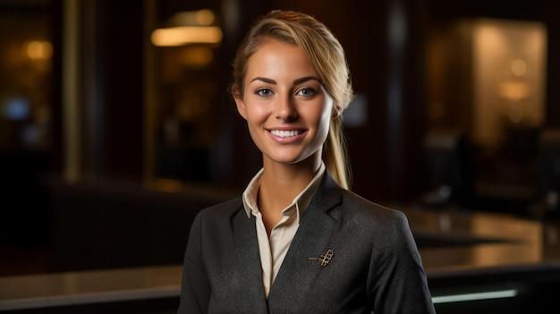 Foto warmer empfang von der rezeptionistin am hoteldesk, glänzendes lächeln und professionelle kleidung