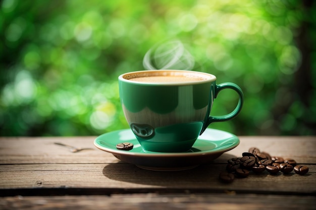 Warmer Kaffee in der Tasse auf einem alten Holztisch mit verschwommenem dunkelgrünem Naturhintergrund, weicher Fokus